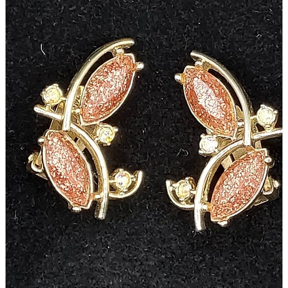 Signed Emmons Clip On Earrings Aurora borealis crystal w Pink shimmering stones.